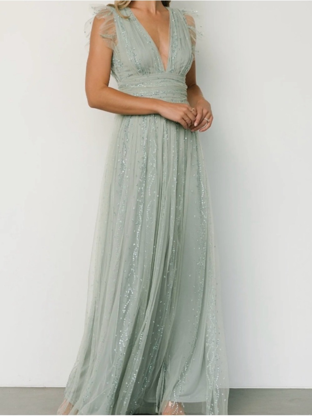 Soieblu Sage Green Plunging V-Neck Tulle Maxi Dress